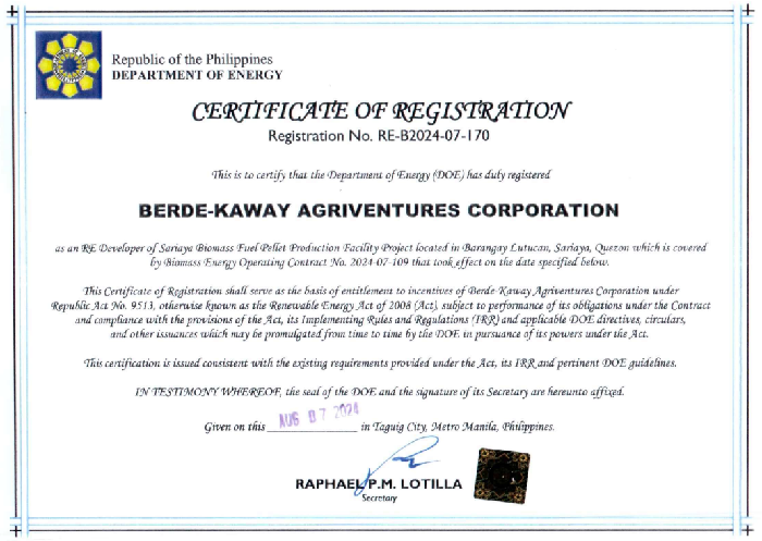 DOE Certificate of Registration COR